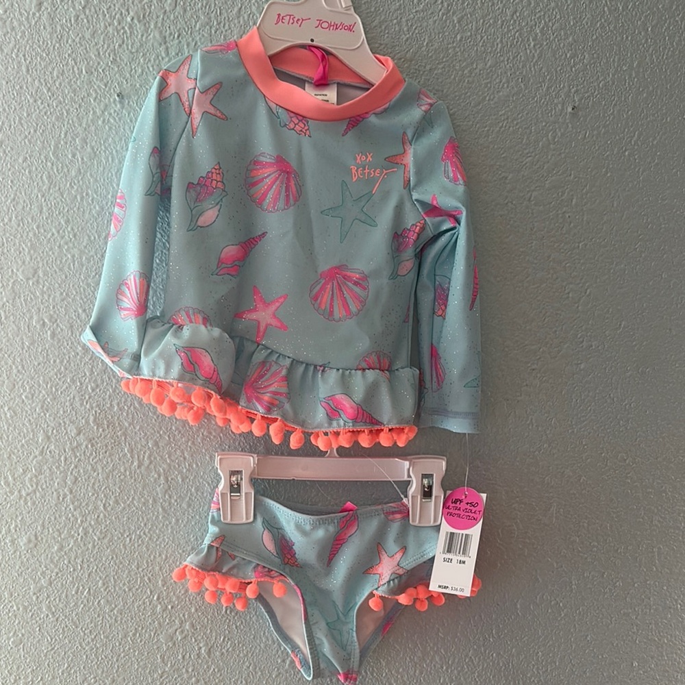 Betsey Johnson Blue and Pink Rashguard Swim Set